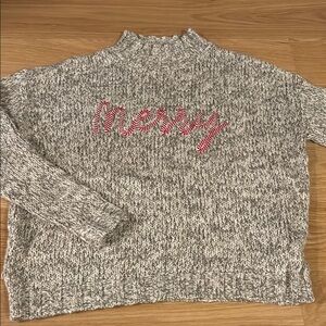 LOFT NWT Gray Knit Sweater with 'Merry' Design